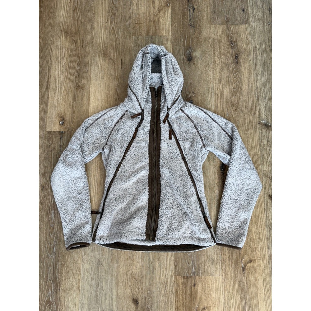 KUHL Gorpcore Flight Fleece Hoodie Women M Gray Brown Full Zip High Neck Hiking